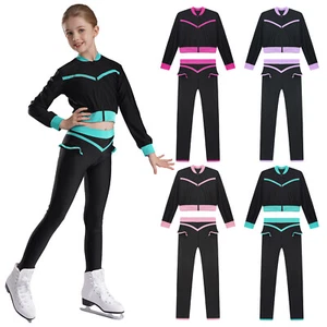 Kids Girls Sweatshirt Set Tracksuit Tights Sportwear Contrast Color Jacket Yoga - Picture 1 of 52