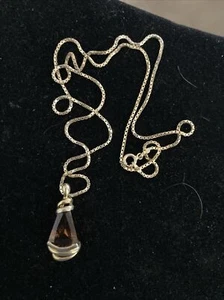 18k Gold Plated Sterling smoky quartz? pendant Necklace Box link Chain - Picture 1 of 13