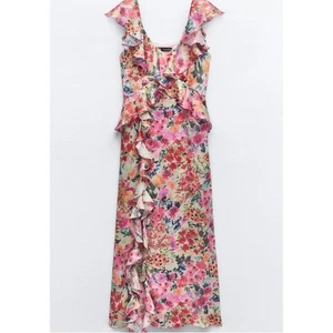 Zara Midikleid Blumenmuster Rüschen XS Extra Small Rosa Rot Bunt Party - Bild 1 von 14