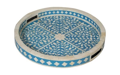 Handcrafted Blue & Cream Floral Bone Inlay Round Tray | Luxury Serving Tray - Image 1 of 4