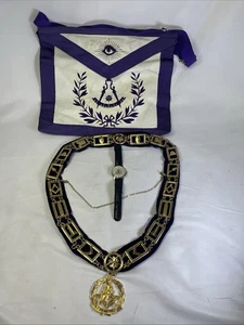 Masonic Blue Lodge Chain Collar With Medallion Masonic Watch With Apron - Picture 1 of 13