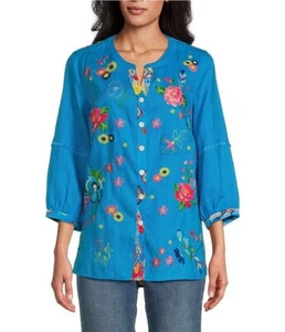 John Mark Floral Embroidered Rnd Neck 3/4 Slv Button-Front Tunic Turquoise S NWT - Picture 1 of 13
