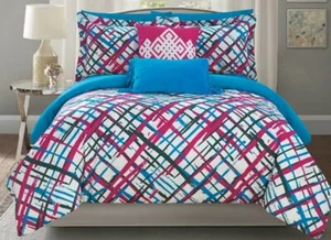 Chic Home 7 Pc Bed in a Bag Comforter Set Twin Fuschsia Blue Abstract Print NEW - Picture 1 of 5