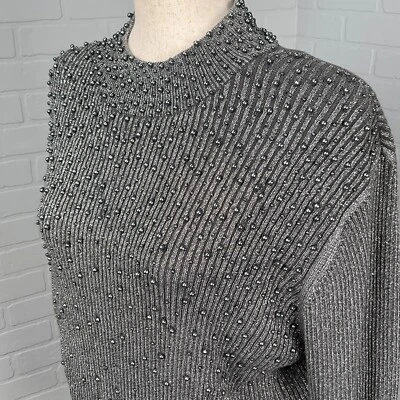 Suéter Maggie Barnes Mujer 2XLarge Gris Plata Cuentas Acanalado Tejido Algodón Elástico Foto 1 de 4