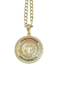 Gold Plated Saint Benedict pendant w chain Medalla Oro laminado Tri-Color - Picture 1 of 10