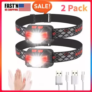 2 Pack Headlamp COB LED USB Rechargeable Headlight Torch Work Light Head Band - Picture 1 of 14