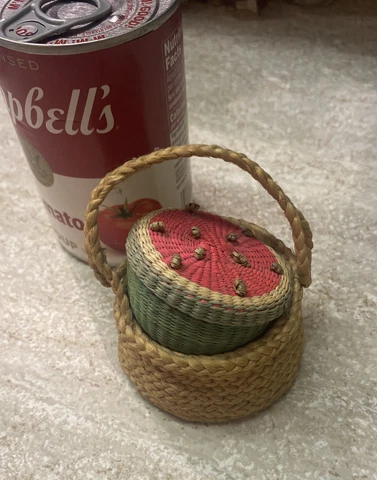 Vintage Miniature Hand Woven Watermelon Basket with Lid Cover