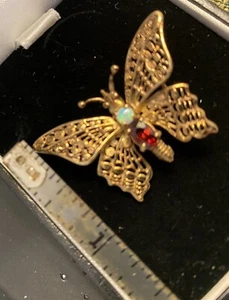 Antique Victorian 10K YELLOW GOLD FILIGREE BUTTERFLY OPAL GARNET ESTATE BROOCH - Picture 1 of 4
