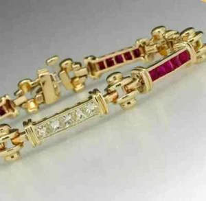 Lab-Created Red Ruby Women's Bracelet 8 Ct Princess Cut 14k Yellow Gold plated - Picture 1 of 5