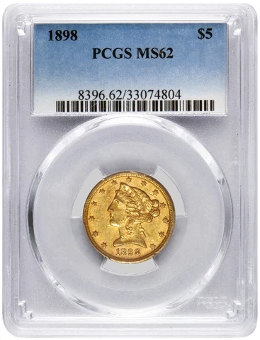 1898 $5 Liberty Head Half Eagle Gold PCGS MS62 Uncirculated Coin Cover