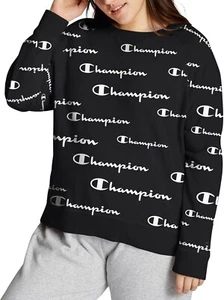 CHAMPION Allover SCRIPT Black French Terry Crew SWEATSHIRT Plus Womens Sz 1X NEW - Picture 1 of 5