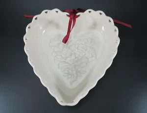 Longaberger Sweetest Heart  Valentine Ceramic Dish Bowl with Ribbon Embossed  - Picture 1 of 9