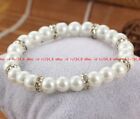 Beauty 6/8/10/12Mm White Shell Pearl Round Beads Crystal Elastic Bracelet 7.5"