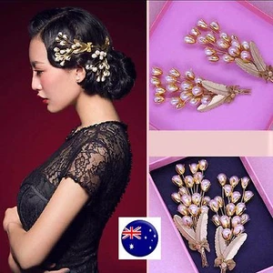 Women gold color Pearl Wedding Bride Party Race Hair Pin Headpiece Brooch PROP - Picture 1 of 7