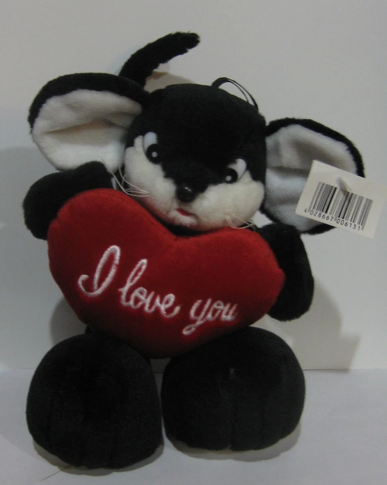 MARKENLOS Stofftier Plüschtier Kuscheltier Maus mit Herz i love you schwarz rot Liebe