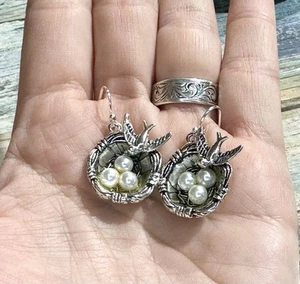 Pendientes Nido de Pájaro con Huevos Tono Plata, Nuevos - Imagen 1 de 3