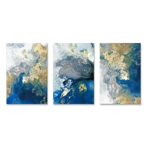 Canvas Art Blue Picture Gold Teal Painting Crashing Waves Artwork 3 Panel Wall D - Picture 1 of 7