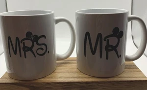 Disney Mr & Mrs Wedding 2 Pc. Ceramic Mugs Set Black White Minnie Mickey Mouse - Picture 1 of 10