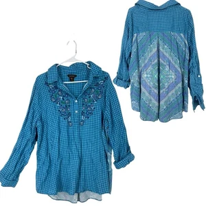 Multiples Blue Plaid Embroidered Tunic Mixed Fabric Top Boho Peasant Blouse OX - Picture 1 of 9