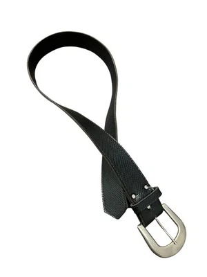 Cinturón Negro Vinilo Poliéster Texturizado Talla Grande Una Punta Plateado Hebilla Clásico Foto 1 de 4