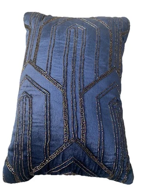 Navy Blue Velvet Iridescent Beaded Decorative 2 Throw Pillows Rectangular 19x13" - Image 1 of 4