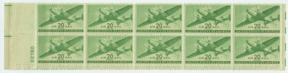 US Sc# C29 VF PLATE # BLOCK of 10 Twin-Motored Transport Plane 20 cents MNH - Image 1 of 1