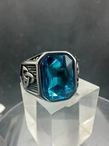 Mens sapphire ring bezel set cz sea blue signet pinky stainless steel - Picture 1 of 10