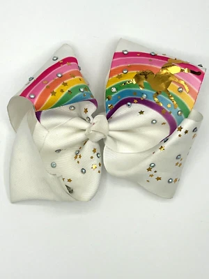 JoJo Siwa Large Hair Bow Clip White Bow Rainbows Gold Foil Unicorn Stars - Image 1 of 4