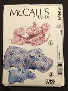 Peluche motif oreiller hippopotame et éléphant jouet McCall M6484 neuf non coupé 