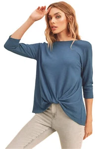 Aemi + Co Twist Front Round Neck 3/4 Sleeve T-Shirt - Picture 1 of 5