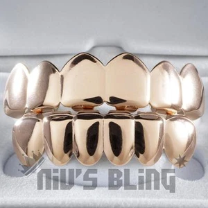 18K Rose Gold IP Plated GRILLZ Top & Bottom Tooth Hip Hop STAINLESS STEEL Grill - Picture 1 of 1