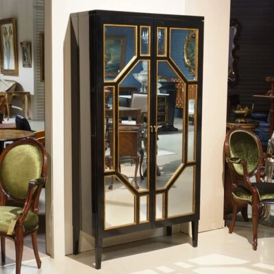 Art Deco Paino Black 2 Door Cabinet with Gold Leaf and Mirrored Doors - Image 1 of 4