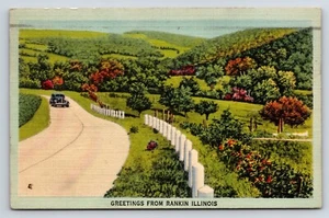 Postcard Greetings From Rankin Illinois, Scenic Mountain Street View, Vtg Auto - Picture 1 of 2