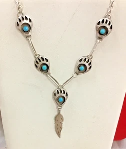 STERLING SILVER 17" TURQUOISE NECKLACE WITH BEAR PAW DESIGN, FEATHER DROP ACCENT - Picture 1 of 4