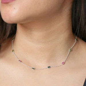Multi-Color Tourmaline Bezel Set Station Necklace 925 Silver Summer Jewelry Gift - Picture 1 of 8
