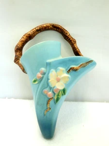VINTAGE ROSEVILLE POTTERY APPLE BLOSSOM BLUE WALL POCKET VASE # 366-8 VGC!! - Picture 1 of 8