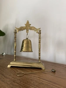Vintage Chinese Brass Bell & Stand Fish Decoration On Top W/ Striker Gold Color - Picture 1 of 7