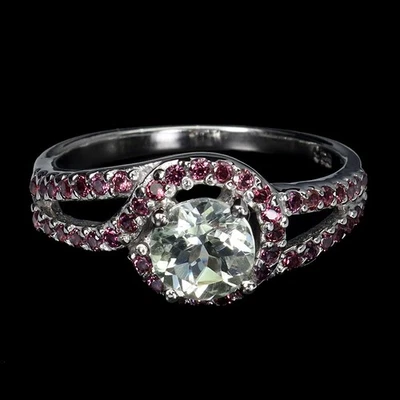 925 Sterling Silver Ring Oval Aquamarine Rhodolite Natural Gemstone Jewelry - Image 1 of 4