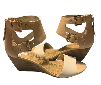 SAM EDELMAN Cream + Beige Leather Susanna Ankle Strap Wedge Sandals Size 6.5M - Image 1 of 4