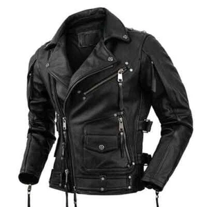Herren Schwarz Used Leder Biker Jacke Vintage Retro Asymmetrischer Stil - Bild 1 von 3