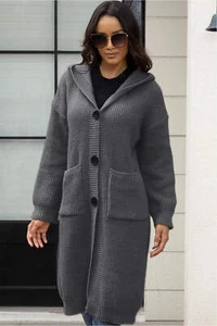 Women Button Up Long Sleeve Hooded Cardigan with Pockets - Picture 1 of 12