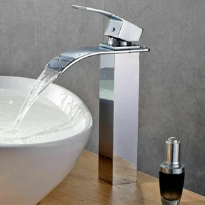 Chrome Waterfall Spout Bathroom Basin Sink Mixer Faucet Single Handle Brass Taps - Picture 1 of 8