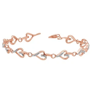 Valentine Gift Rose Gold Over Silver Diamond Heart Tennis Link Bracelet 7" - Picture 1 of 5