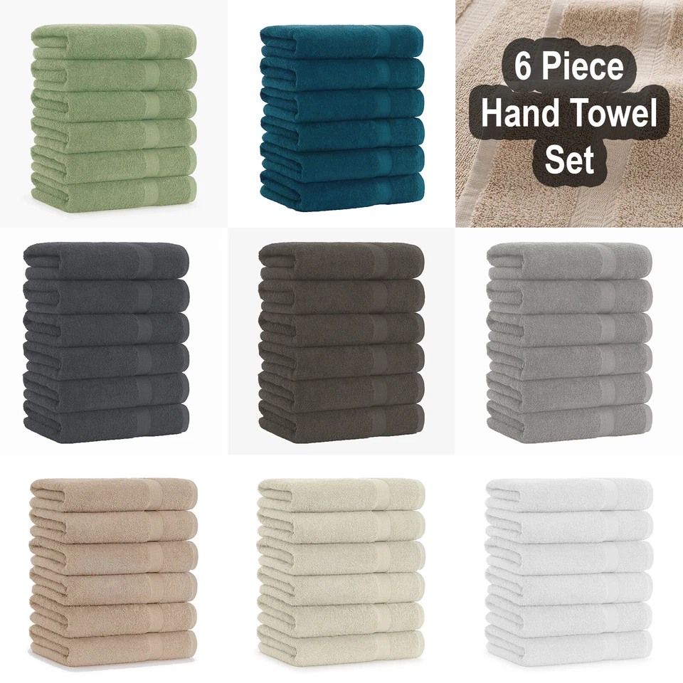 QPC DIRECT 6 Pack Hand Towels 100% Pure Cotton 650gsm Soft Absorbent Washable Bathroom