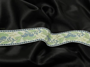 Jacquard Ribbon 1 7/16" (37mm) Off White Blue & Sage Floral Per Yard - Picture 1 of 1
