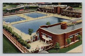 Piscina pública Tompkinsville, Staten Island, Nueva York lino postal años 40 - Imagen 1 de 2