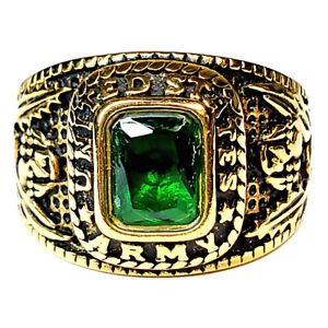 Mens Simulated Emerald US Army Gold-Plated Stainless Steel Military Ring