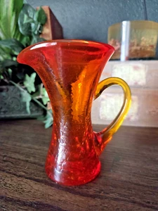 Vintage Rainbow Glass Amberina Pitcher w/ Handle – 4.75" Crackle Hand Blown - Picture 1 of 11