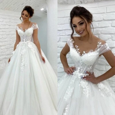 Elegant Tulle Wedding Dresses 3D Flowers V Neck Sweep Train Sexy Bridal Gowns - Image 1 of 4
