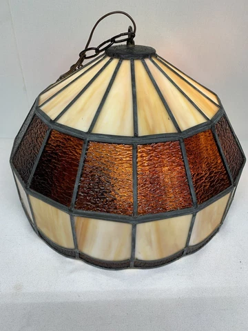 LARGE  SLAG STAINED GLASS  & LEADED CHANDELIER 15 3/4” R X 13”T Cover